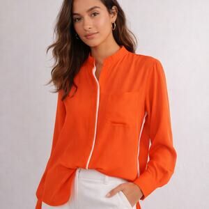 TYLHO SZ XS 100% Silk Long Sleeve Button Down Blouse Orange White Back Cutouts